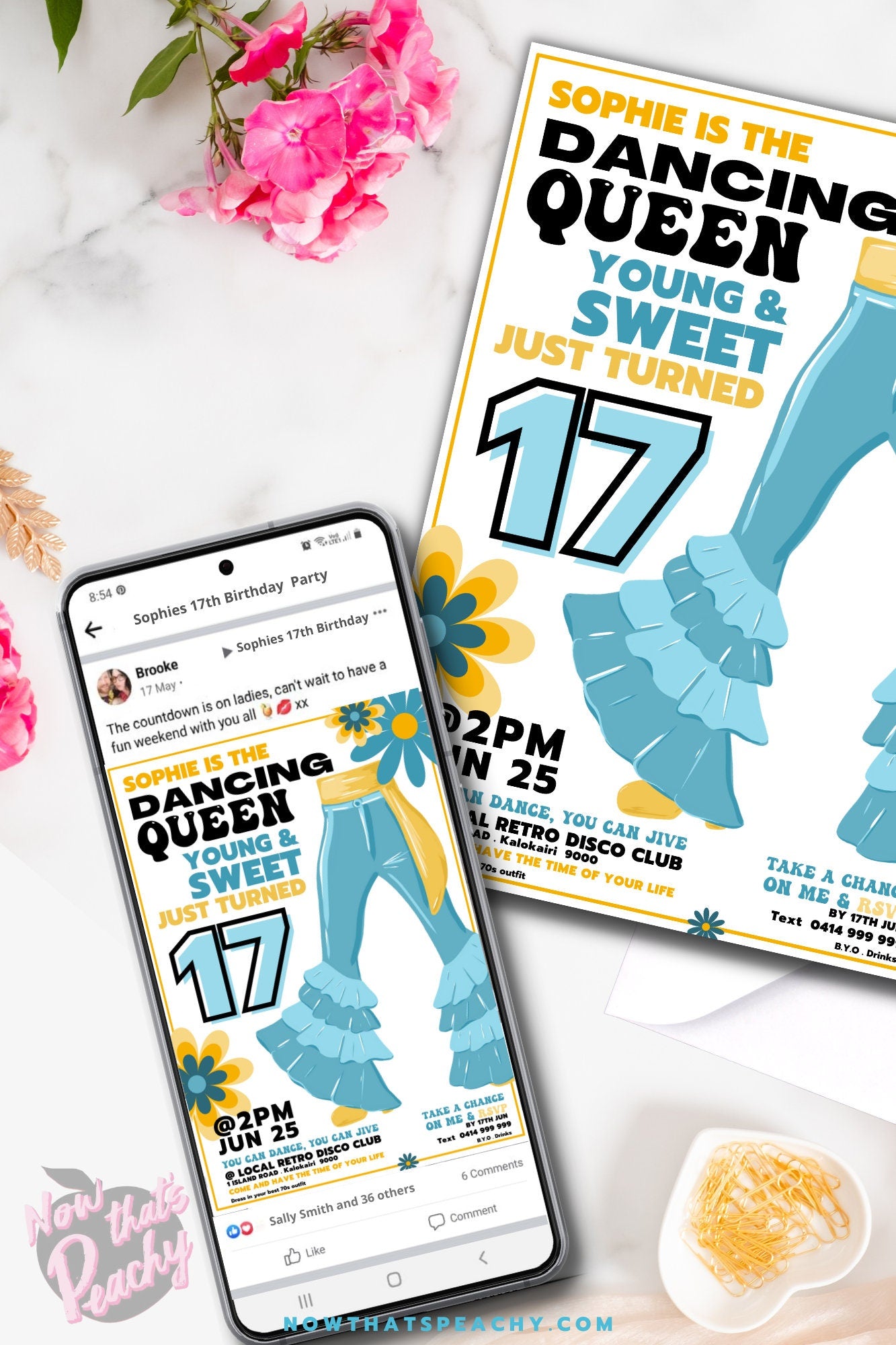 Mamma Mia Queen 17 Invite PRINTABLE, 17th Hippy Movie Party invitation 1970s Birthday CANVA edit – Now That's Peachy mamma-mia-queen-17-invite-printable-17th-hippy-movie-party-invitation-1970s-birthday-canva-edit-now-that-s-peachy