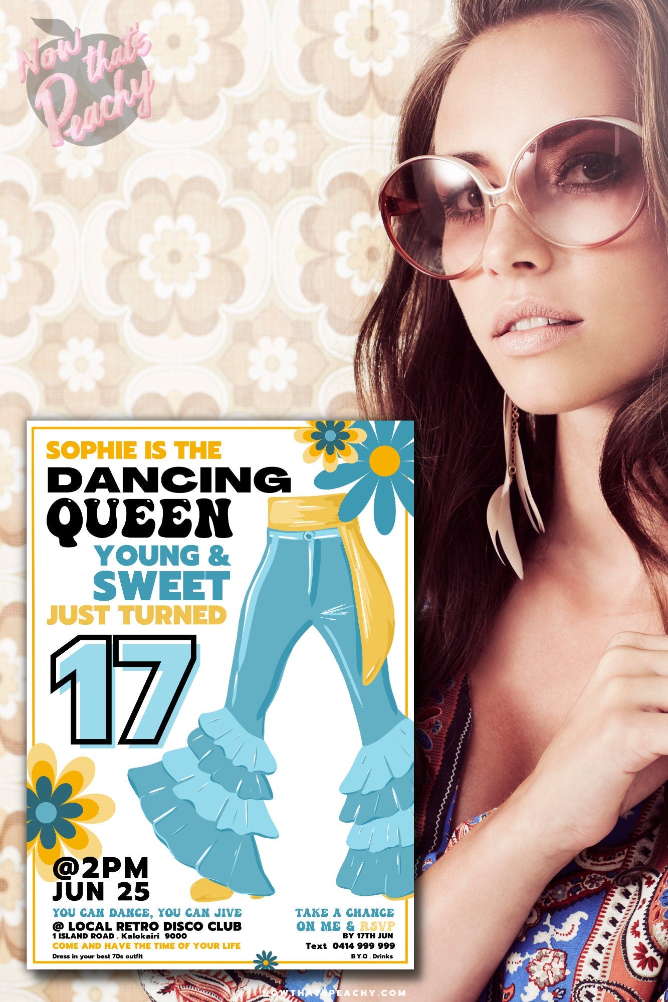 Mamma Mia 1970s flared denim pants seventies 70's flower boho hippy theme young 17th young sweet 17 seventeen editable invitation canva printable template digital instant download edit sophie Donna and the dynamos invite edit custom musical movie design gold blue white modern color