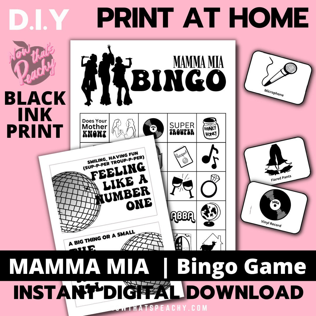 Mamma Mia bingo card game package 1970s flared denim pants seventies 70's disco ball karaoke  printable template digital instant download edit Donna and the dynamos invite edit custom musical movie design black white modern color fun themed bachelorette birthday charity event activity