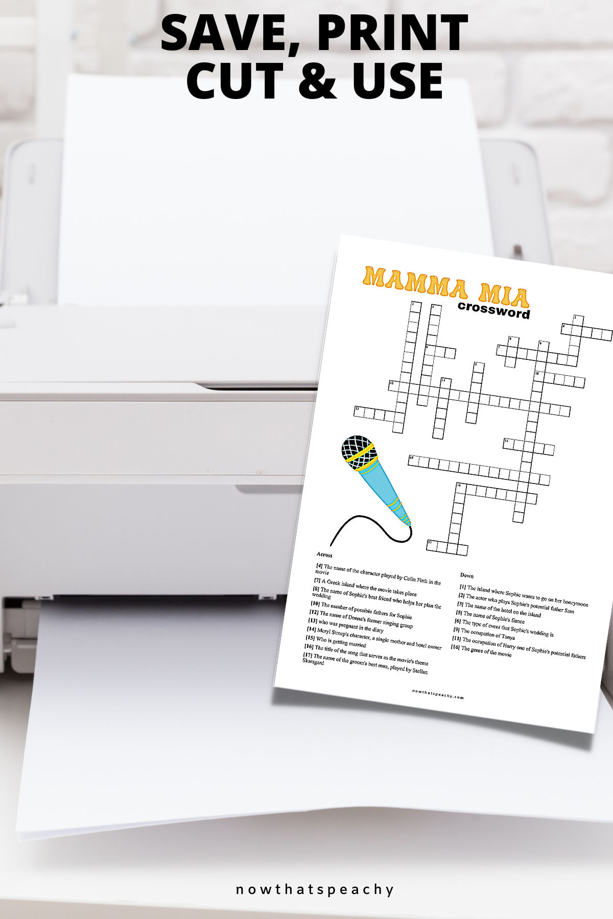 Mamma Mia crossword quiz question game 1970s flared denim pants seventies 70's disco ball karaoke  printable template digital instant download edit Donna and the dynamos invite edit custom musical movie design black white modern color fun themed bachelorette birthday charity fundraiser event activity