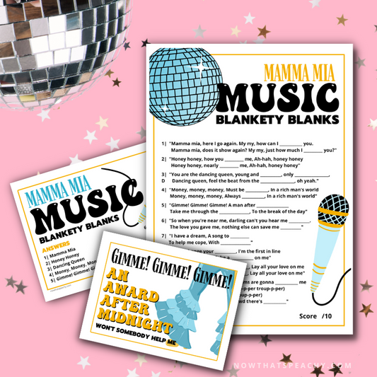 Mamma Mia blank music answer quiz question game 1970s flared denim pants seventies 70's disco ball karaoke  printable template digital instant download edit Donna and the dynamos invite edit custom musical movie design black white modern color fun themed bachelorette birthday charity event activity