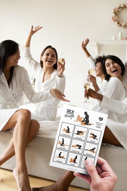 Sex position BINGO game printable digital instant download for adults. Rude crude funny hens night Bachelorette parties fun naughty party idea for girls weekend away. Play over wine and dinner for laughs, Naughty sexy party games idea for woman, ladies over the age of 18+. Adults only xrated inspiration card quiz trivia wedding bride-to-be bridal shower games